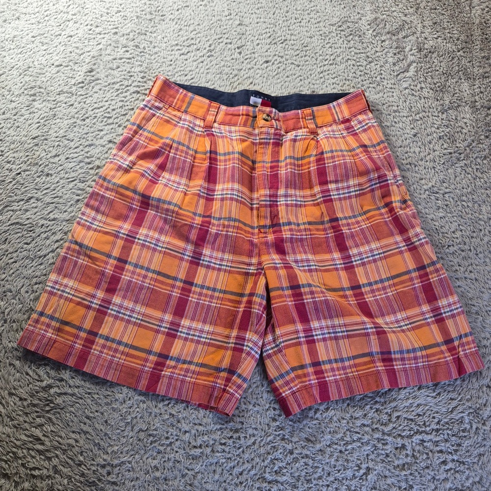 Tommy Hilfiger Plaid Shorts Mens 32 Orange Red Heritage Preppy Old Money Retro